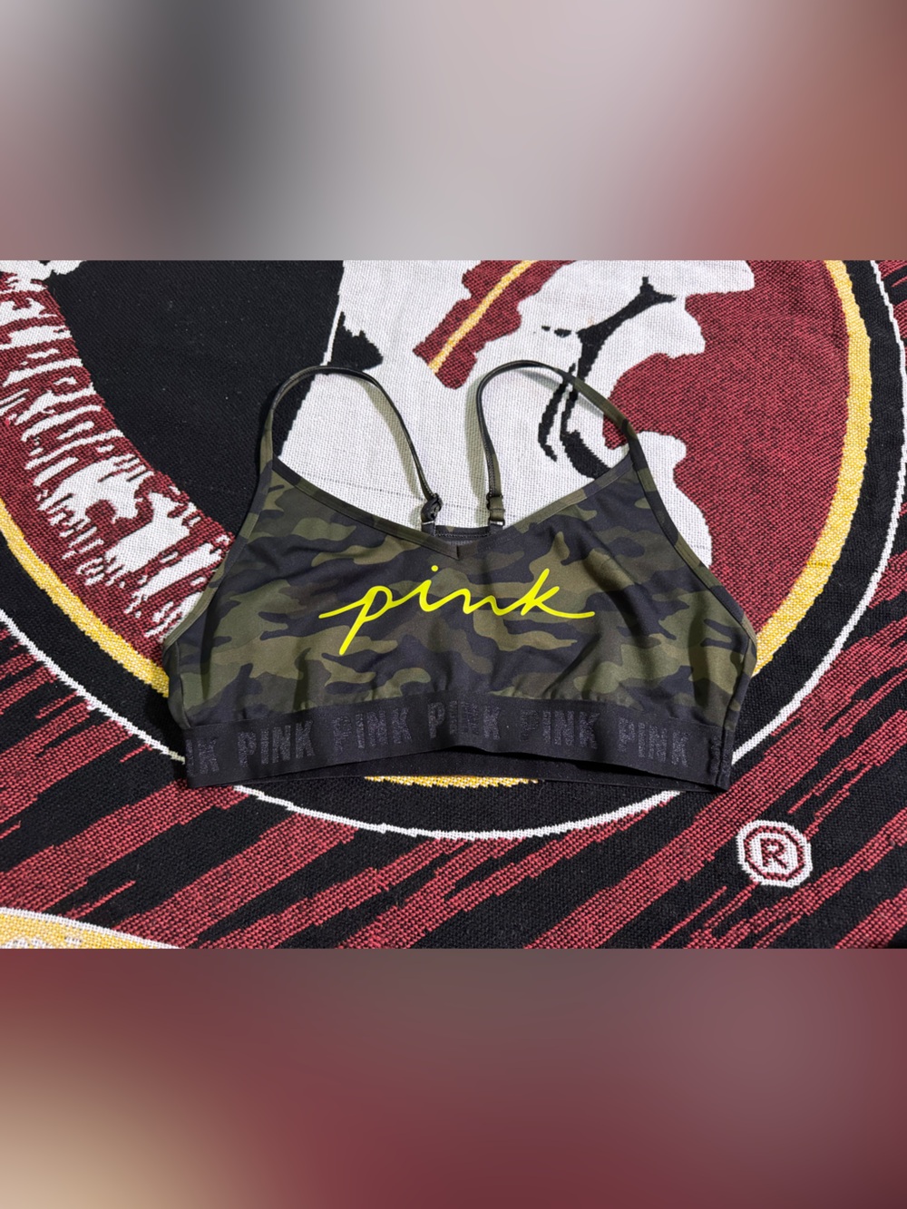 PINK Victoria's Secret Camo Sports Bra with Neon Yellow Logo